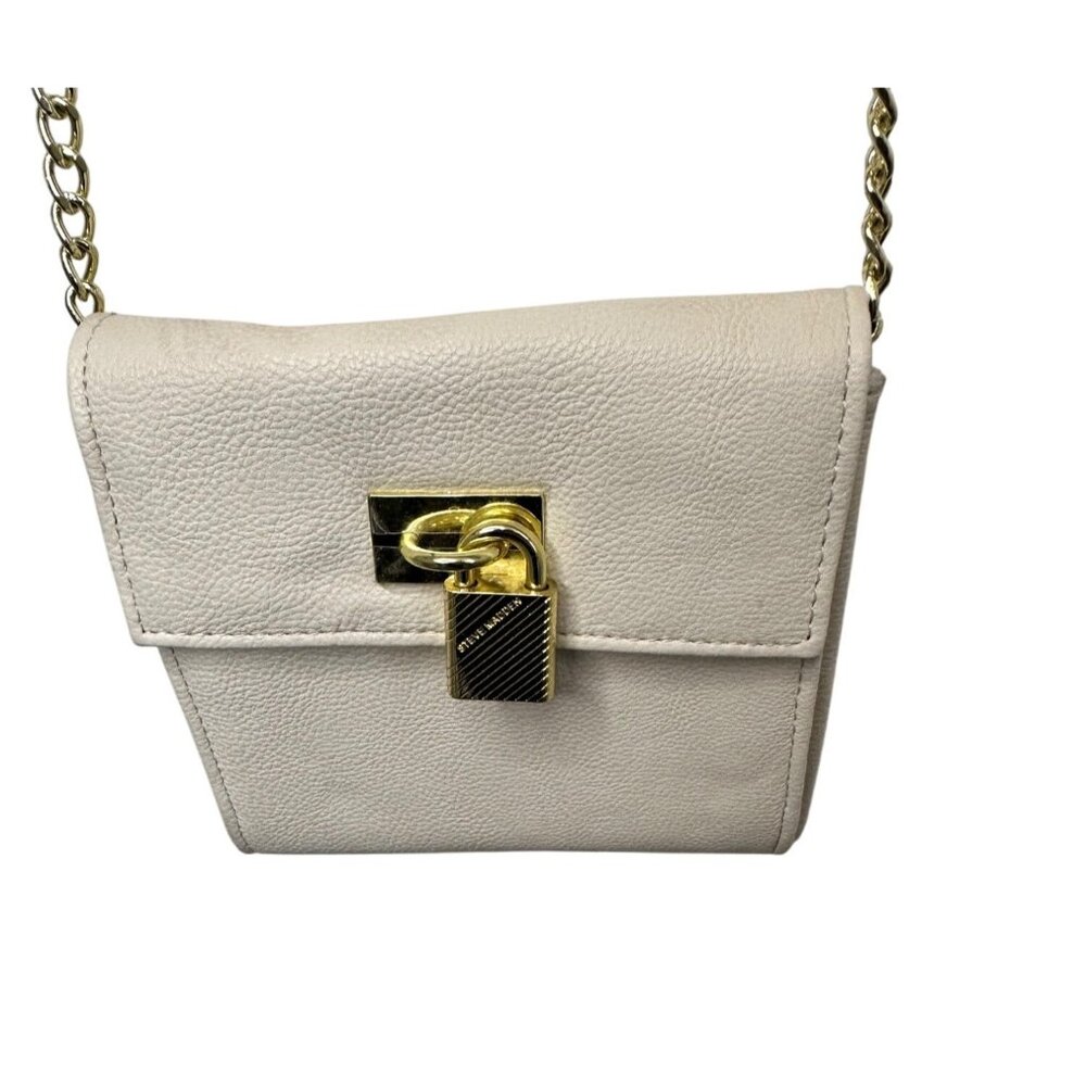 Steve Madden White Leather Crossbody Bag With Gold Chain Strap & Padlock Accent